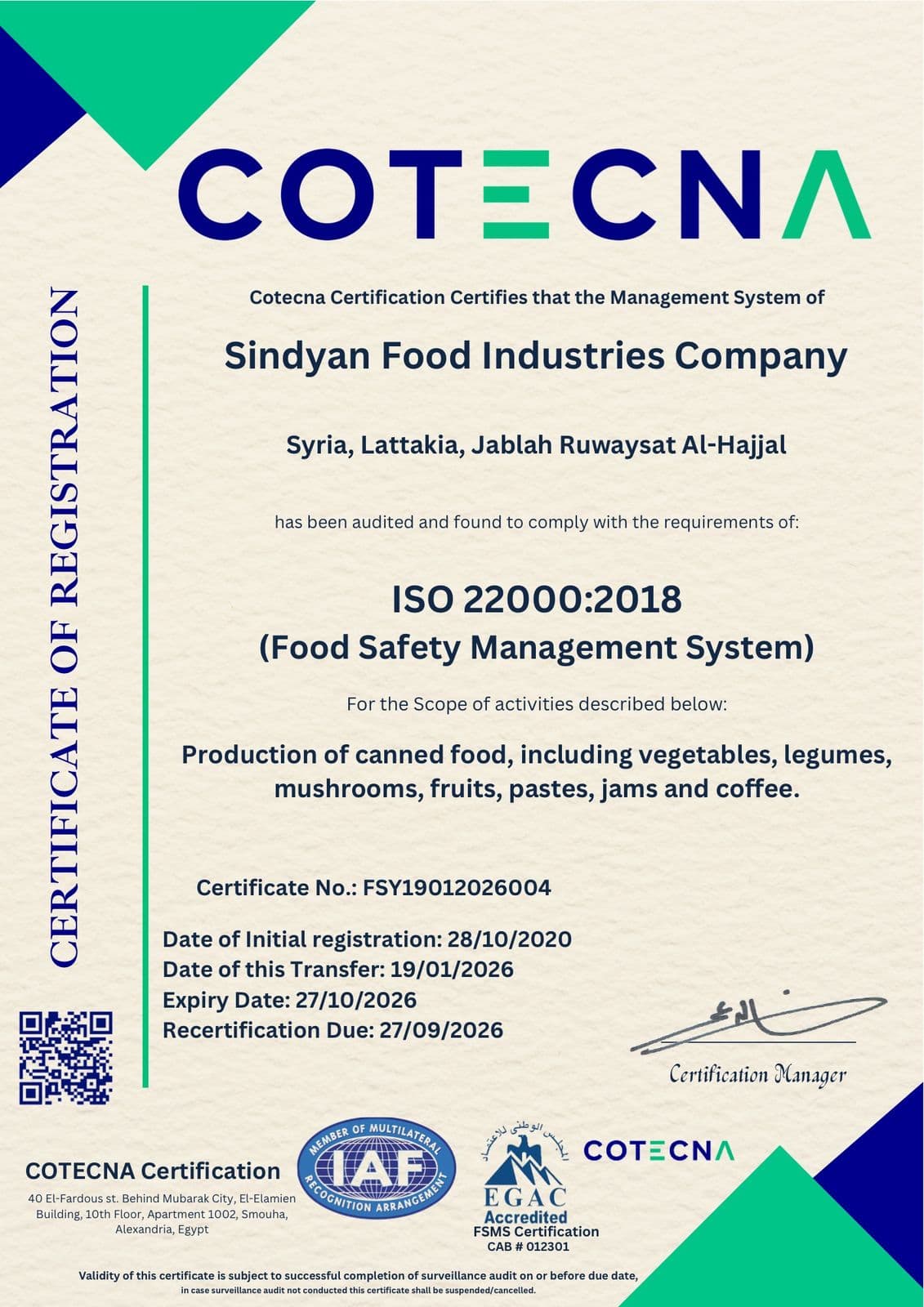 Lio ISO 22000 certificate